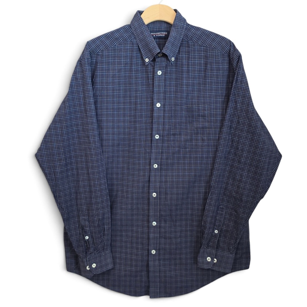 Roundtree & Yorke Dress Shirt Mens Large Navy Blue Tattersall Check Button Down